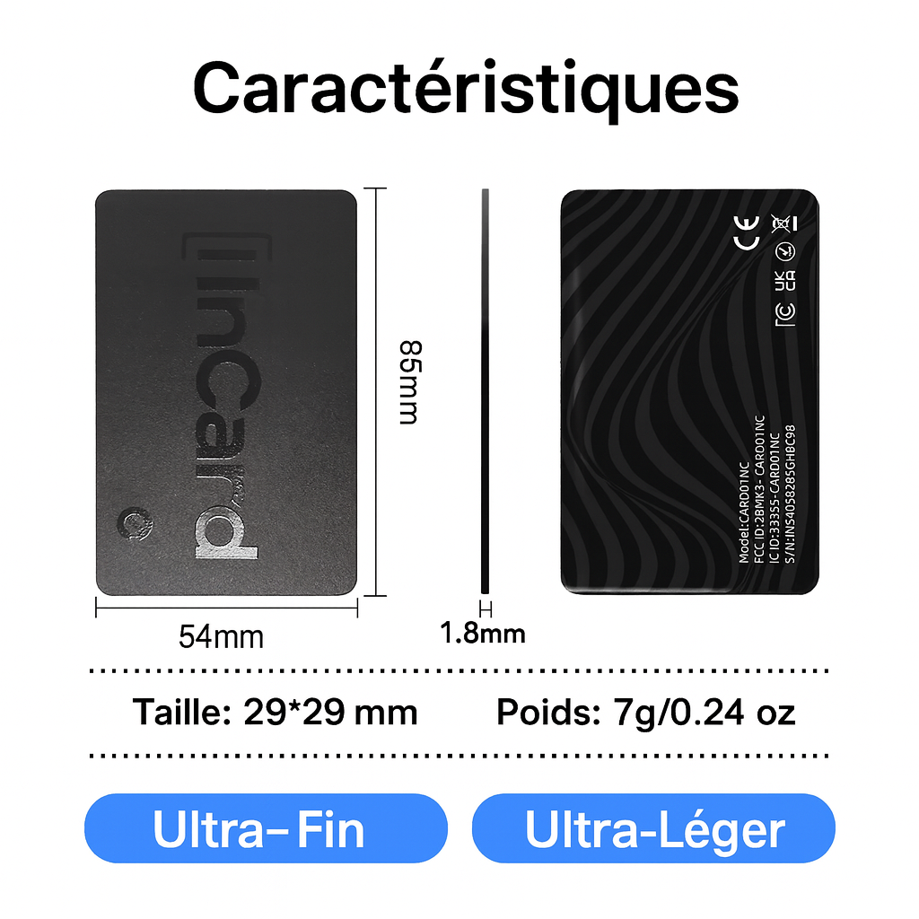 Carte de suivi pour portefeuille Carte ultra-mince avec localisation GPS, étiquette intelligente anti-perte, compatible Android et Find My, appareil Bluetooth, longue durée de batterie, traceur pour clés.
