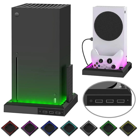Station de support à lumière RGB pour console Xbox Series X/S, avec hub USB à 3 ports et base LED colorée pour accessoires gaming